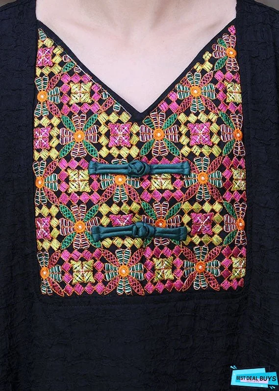 Plus Size Black V Neck Embroideried Patchwork Wrinkled Silk Dresses Long Sleeve