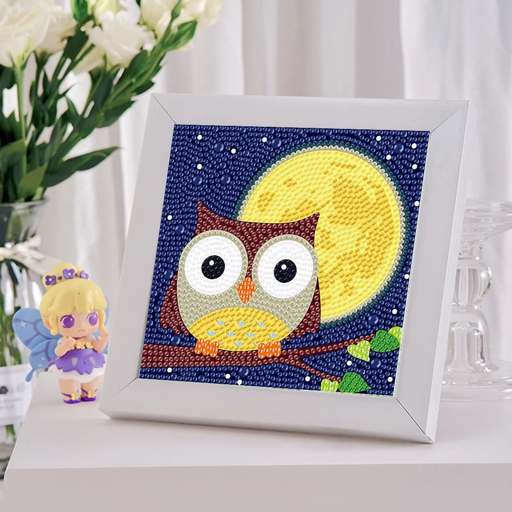 5D DIY Full Round Crystal Rhinestone Diamond Painting Owl Kit Home Decor Art Craft For Kid(Canvas|15*15cm)【with Wooden Frame】