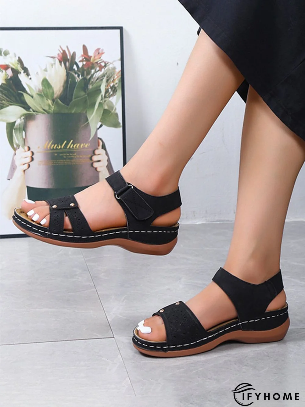 Vintage Laser Cut out Velcro Strap Sandals | IFYHOME