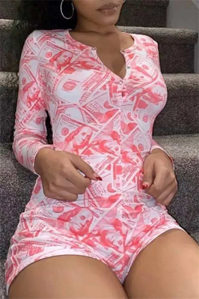 Casual Living Print Basic V Neck Long Sleeve Skinny Jumpsuits