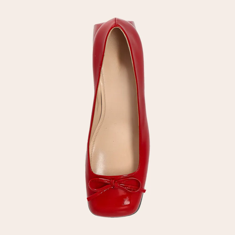 Elegant Patent Leather Square Toe Chunky Heel Red Pumps with Bow