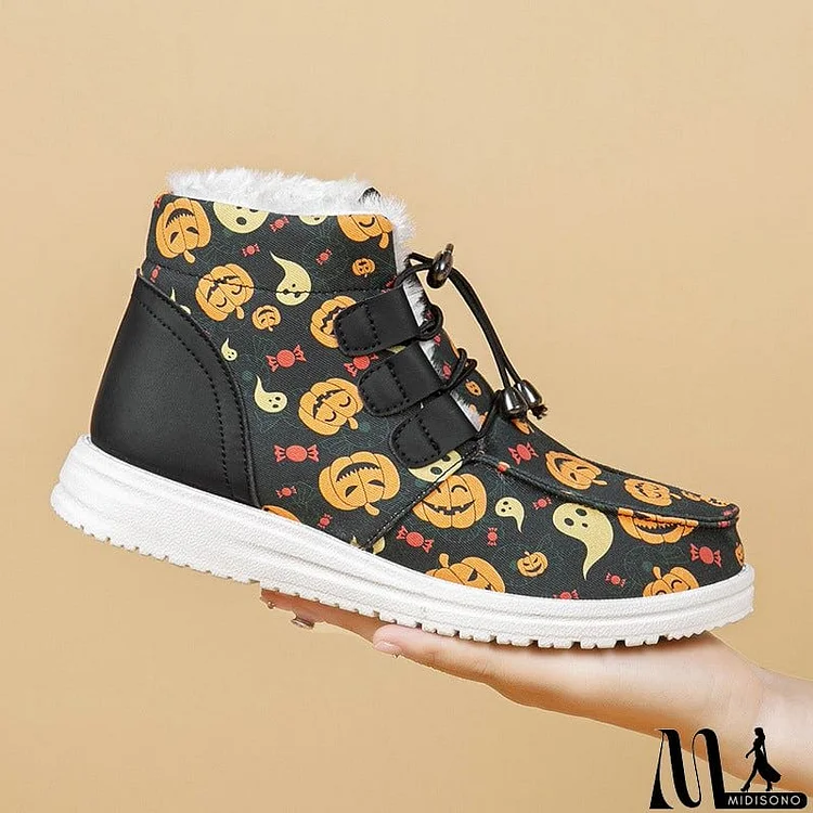 Women's Halloween Pumpkin Ghost Fleece Ankle Boots