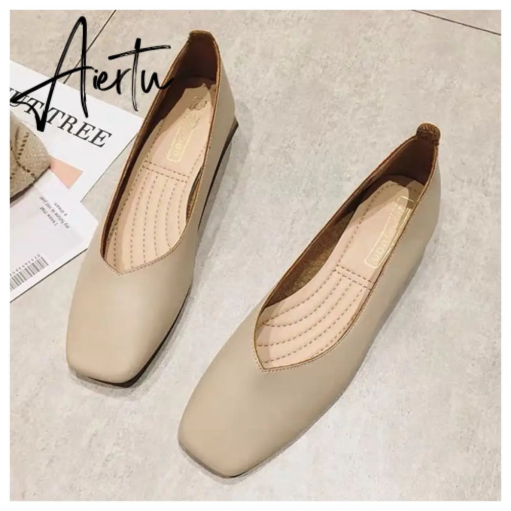 Aiertu New Spring Flats Shoes Women Wooden Low Heel Ballet Square Toe Shallow Brand Shoe Slip On Loafer zapatos de mujer big size 35-41 Aiertu