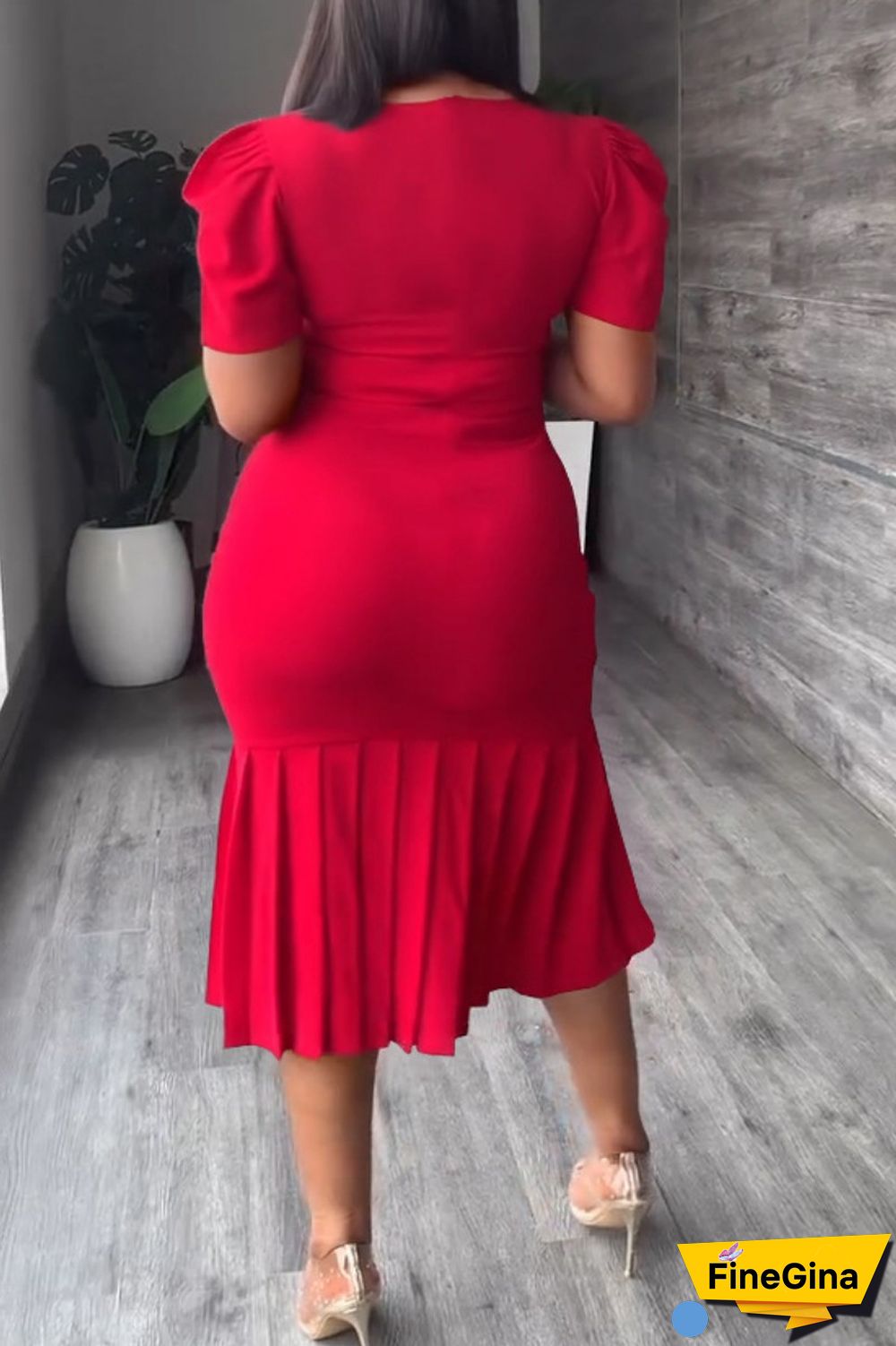 Red Casual Solid Basic O Neck Short Sleeve Dress