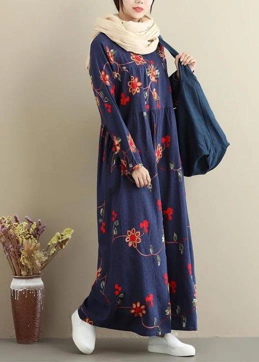 French Navy Embroidery Clothes Women O Neck Long Dresses