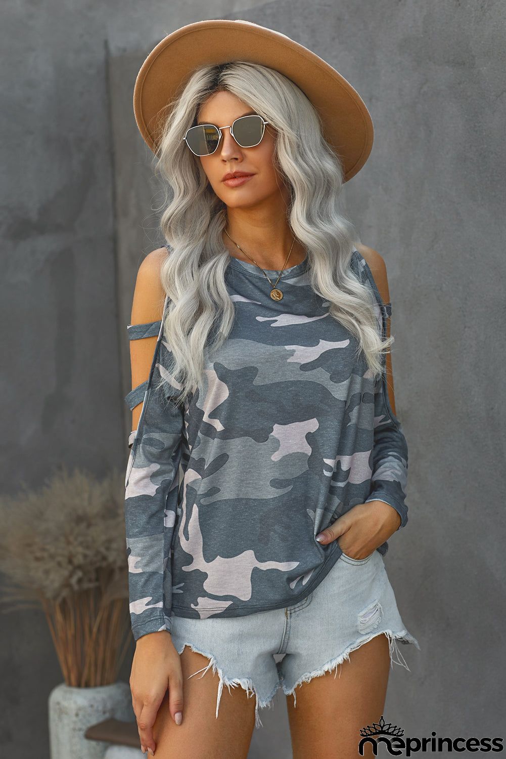 Camouflage Shoulder To Hollow Out Long Sleeve Top