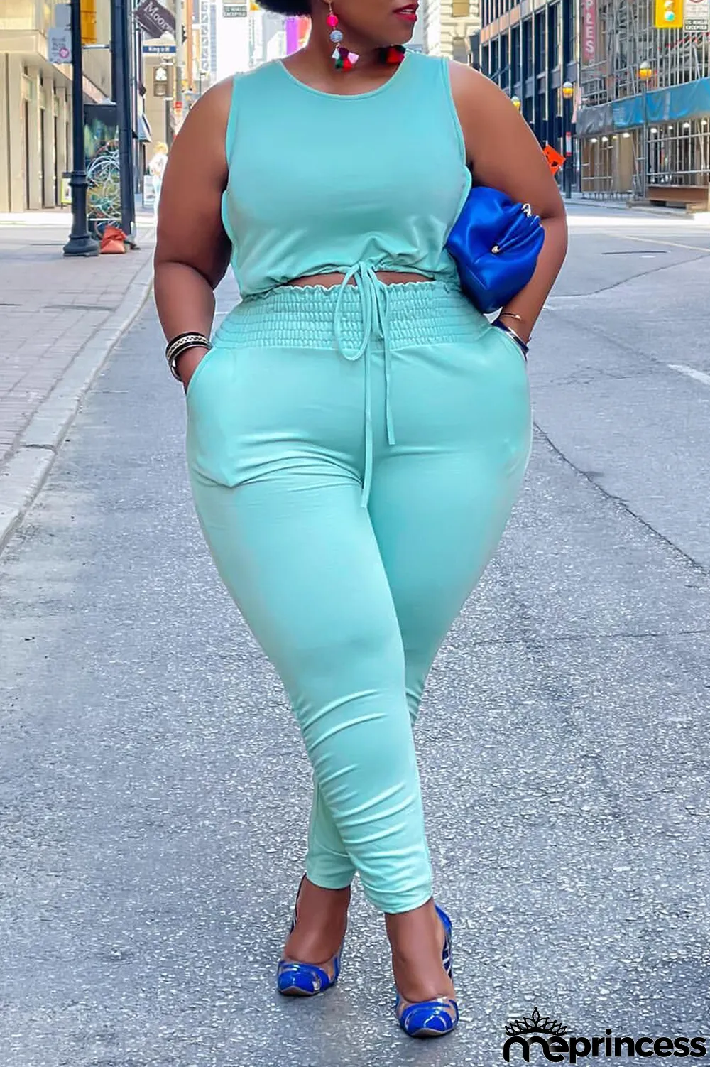 Sky Blue Casual Solid Split Joint O Neck Plus Size Two Pieces