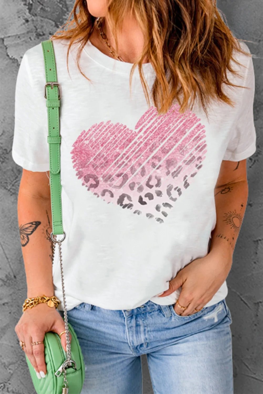 Women Leopard Love Heart Short Sleeve Tee