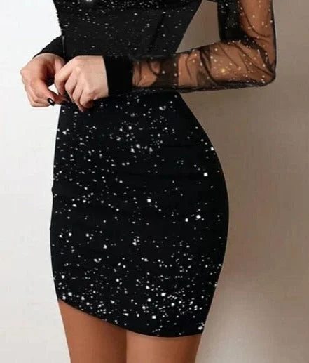 UForever21 Women Elegant Chic Mesh Patchwork Deep V Neck Long Sleeves Glitter Mini Party  Bodycon Black Dresses