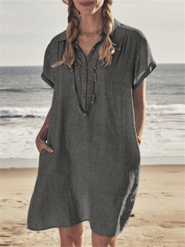 Cotton Linen Shirt Dress Pocket Dress Beach Casual Skirt | EGEMISS