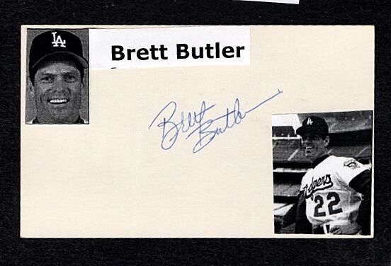 BRETT BUTLER-L.A. DODGERS AUTOGRAPHED 3X5 CARD W/Photo Poster painting