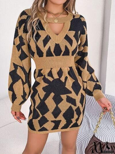 MidiSono - Contrast Round Neck Cutout Long Sleeve Mini Sweater Dress