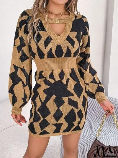MidiSono - Contrast Round Neck Cutout Long Sleeve Mini Sweater Dress
