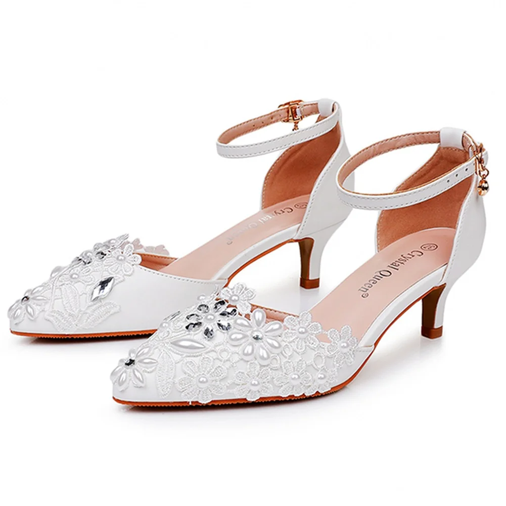 Breakj Breakj Cm Large-Size Sandals Fine-Heeled White Lace Water Diamond Wedding Shoes In The Pearl Bridal Dress Shoes