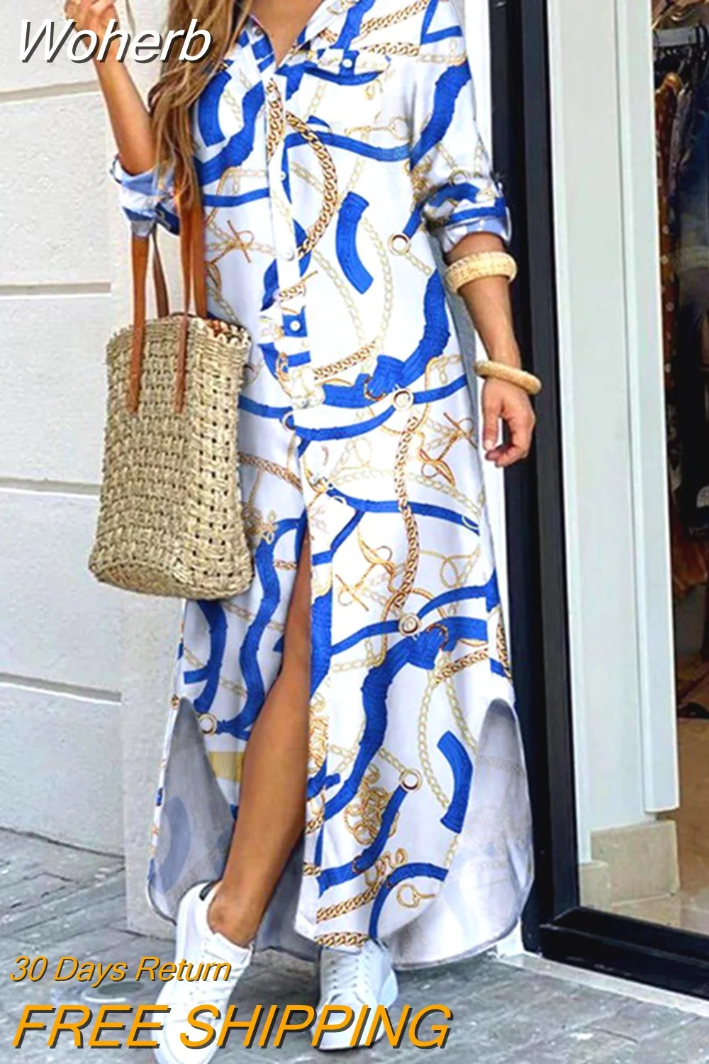 Woherb Dresses for Women S~5xl Scarf Chain Print Button Down Shirt Dress Y2k Vestidos De Mujer Casual Elegant Midi Robe Female-Outfit Ideas