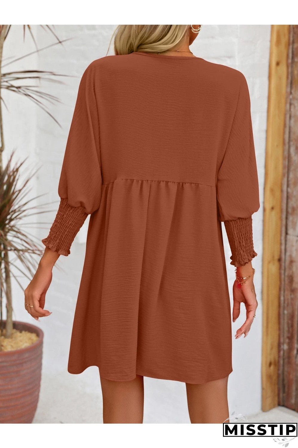 Round Neck Lantern Sleeve Mini Dress