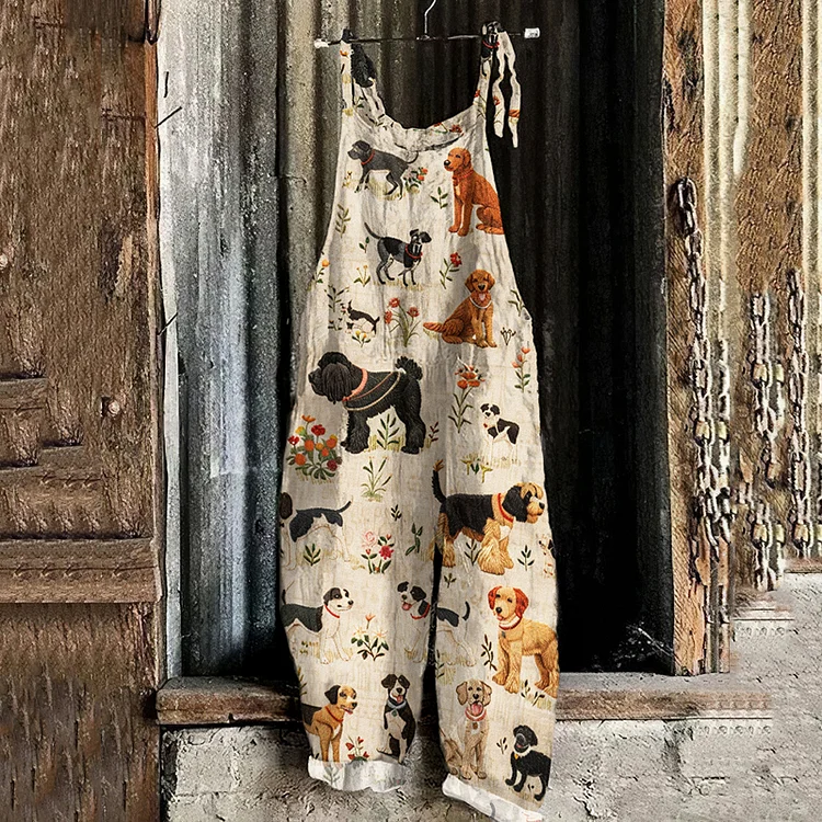 Casual Japanese Art Cute Dog With Floral Print Loose Jumpsuit