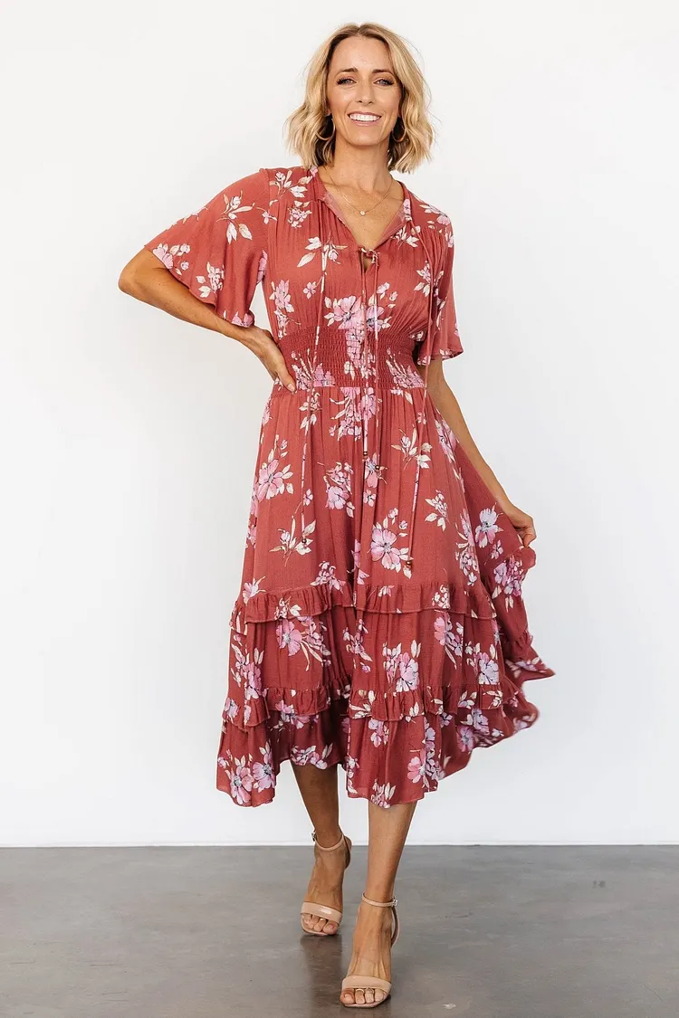 Boho Floral Midi Dress - Terracotta Floral