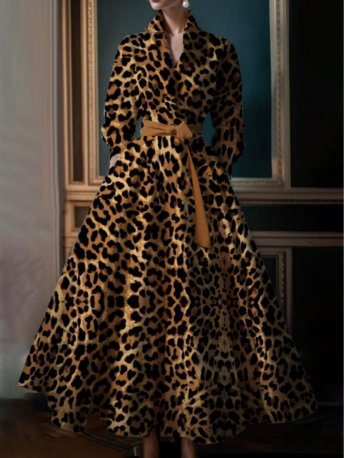 Ursime Leopard Print Stand Collar Long Sleeve Pocket Maxi Dress