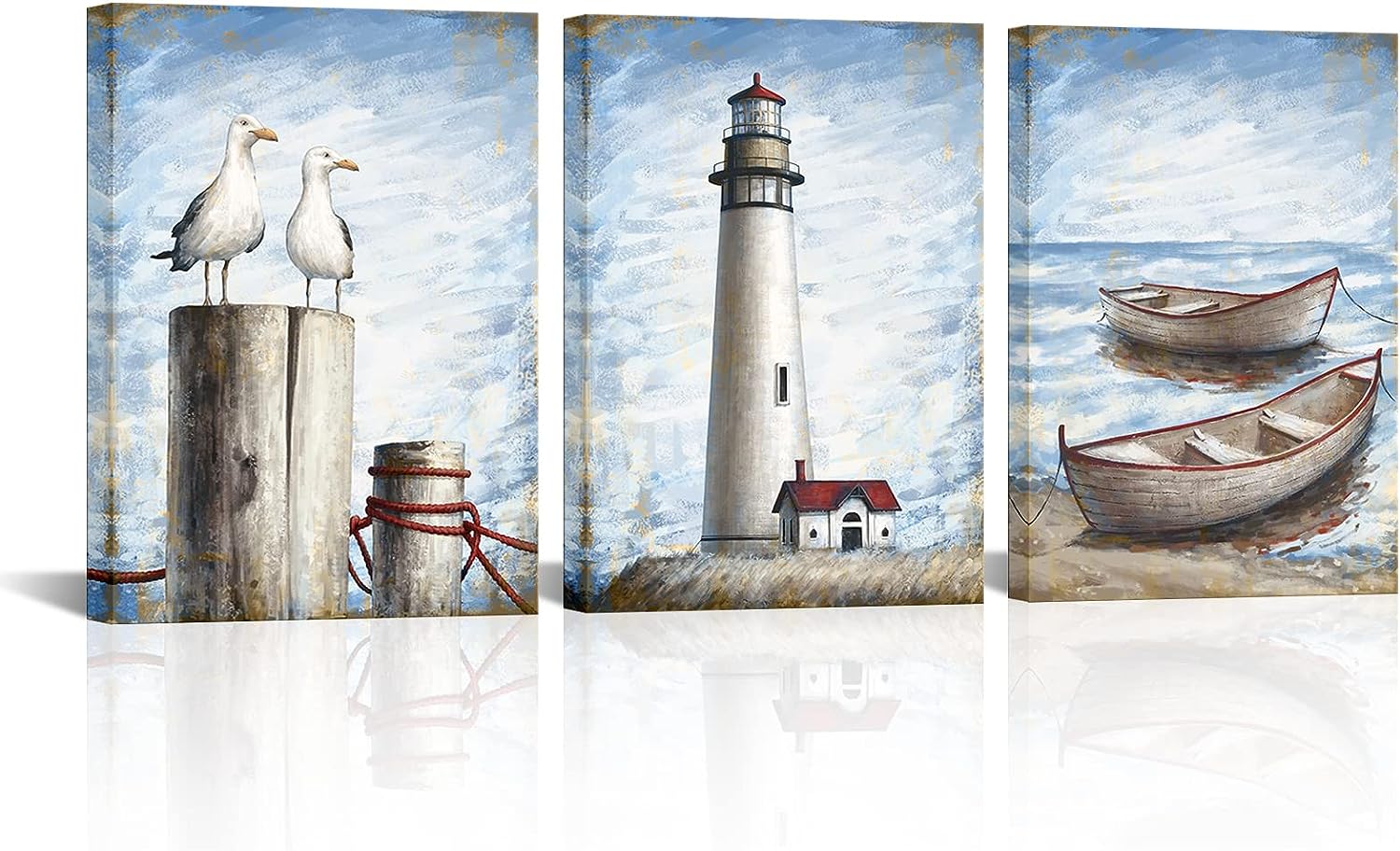 LoveHouse Beach Coastal Canvas Painting Boat Lighthouse and Seagull Pictures Modern Abstract Nautical Artwork for Living Room Bedroom Bathroom Decoration 12x16inchx3 PCS