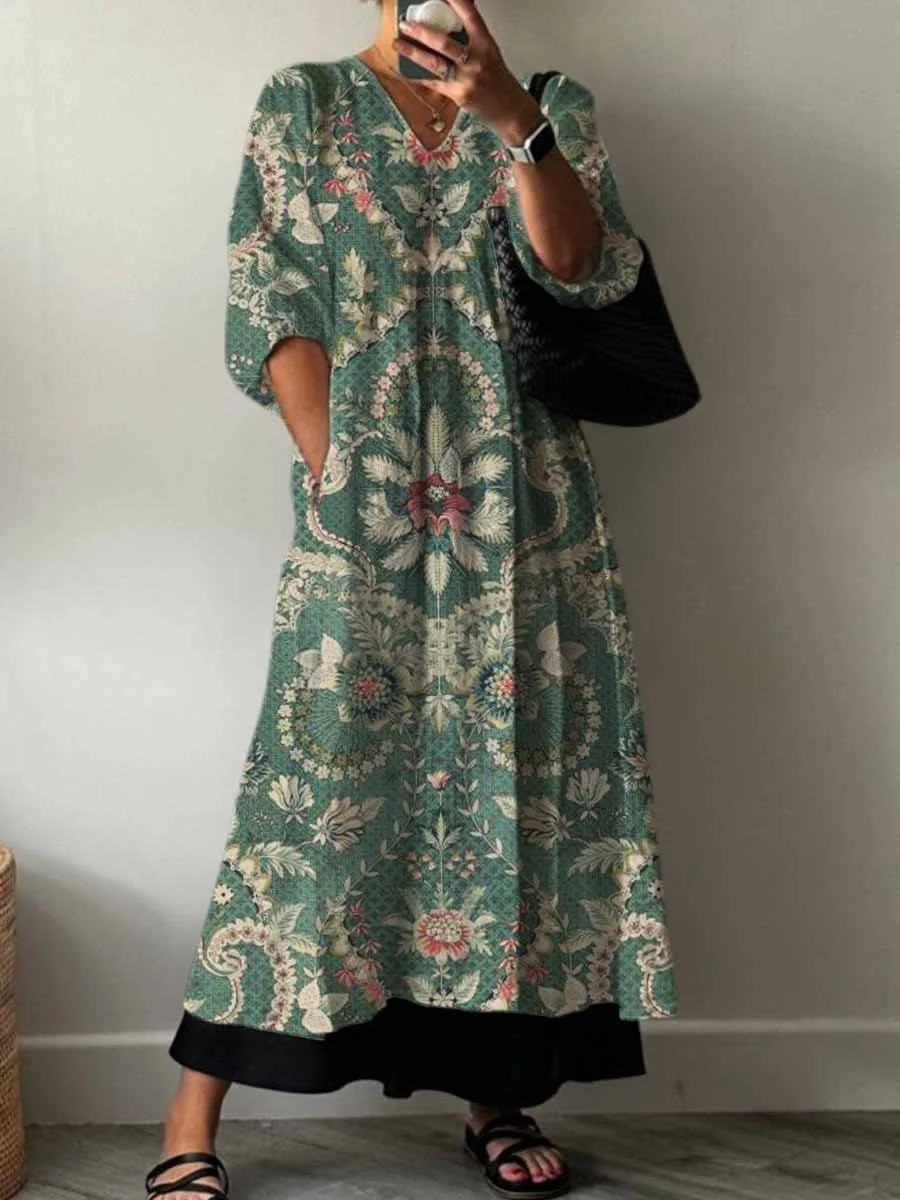 Women's Vintage Lovely Floral Art Print Pocket V-neck Cotton Dress