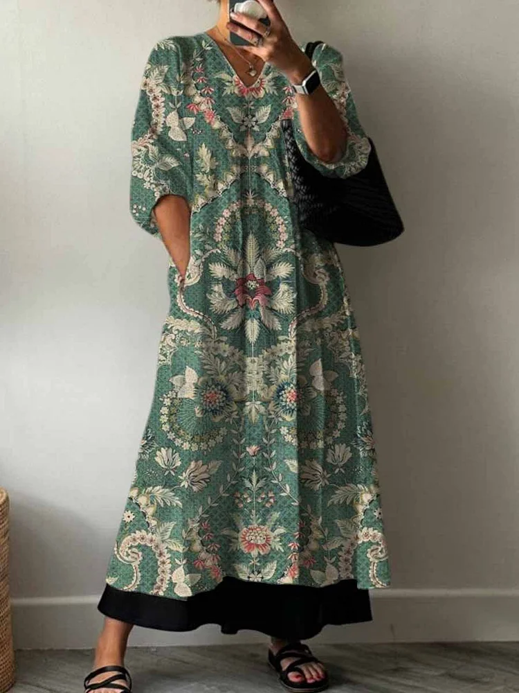 Women's Vintage Lovely Floral Art Print Pocket V-neck Cotton Dress