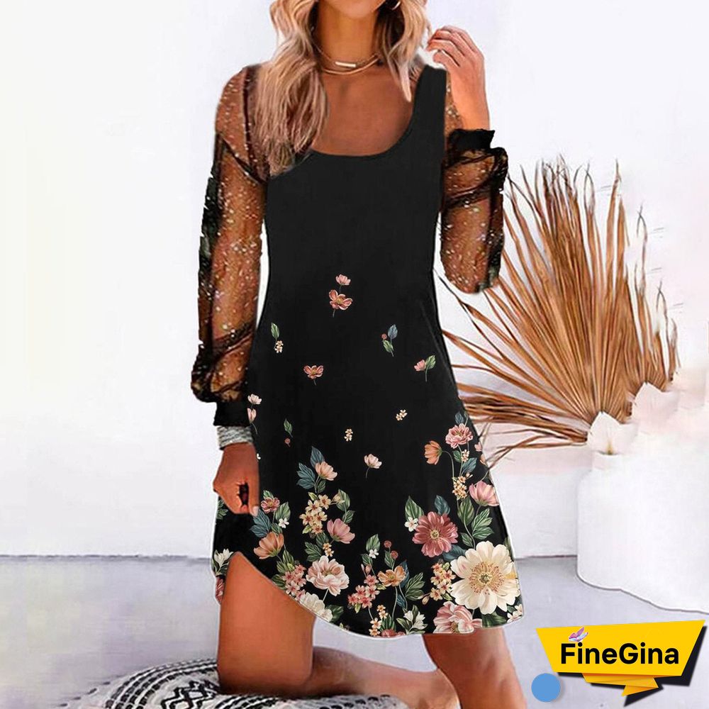 Flower Printed Women Black Dress