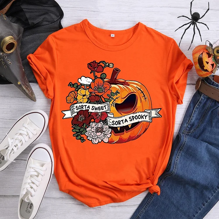 Halloween Pumpkin Flower Round Neck T-shirt-0018574