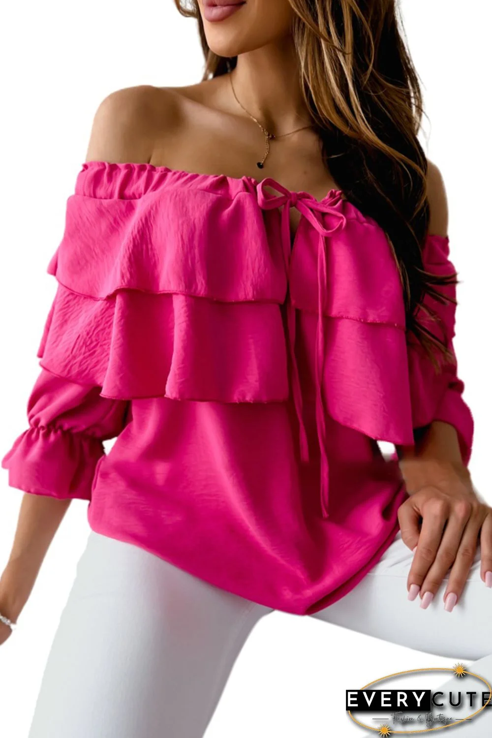 Lace Up Off Shoulder Ruffle Tiered Blouse