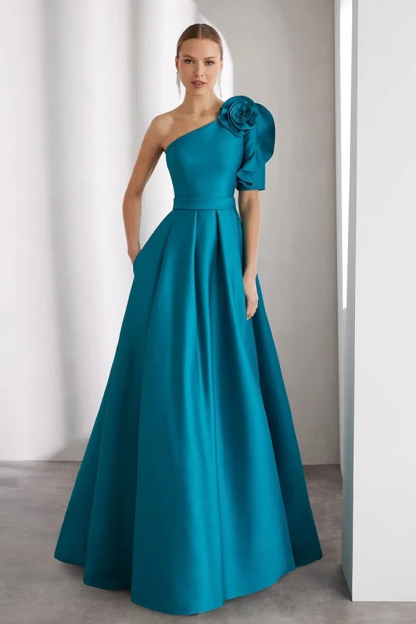 Pool Blue One-Shoulder Flower One Sleeve A-Line Prom Dress ZT0779