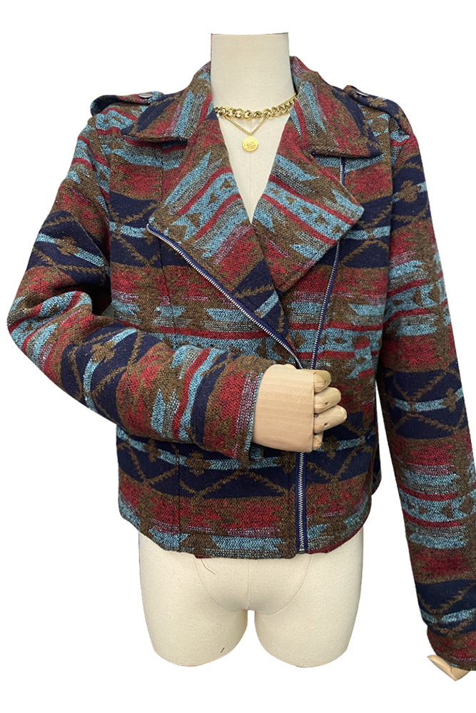 Aztec Print Lapel Pockets Short Jacket Coat