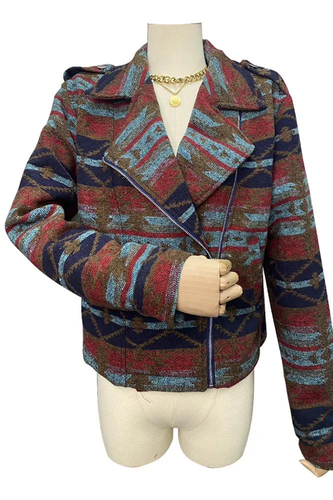 Aztec Print Lapel Pockets Short Jacket Coat
