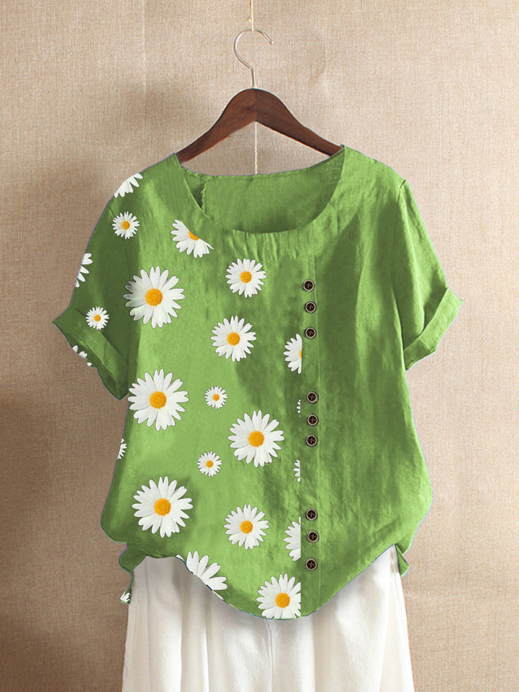 Cotton Linen Daisy Print Casual Summer T-shirts