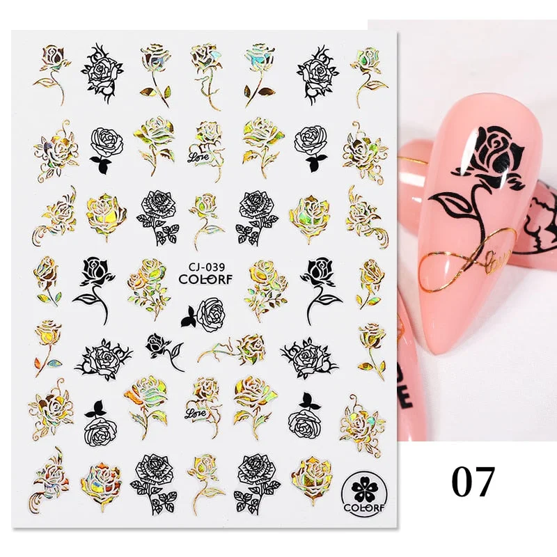 1 Pc White Gold Laser Leaves 3D Nail Stickers Leaf Cute Spring Sliders for Nails Flowers Adhesive Sticker Nail Art Design Decal-Nail Inspo