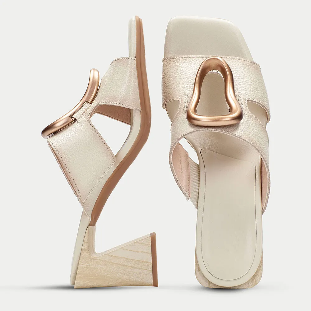 Ivory Vegan Leather Square Toe Metal Decor Slip On Women's Sandals