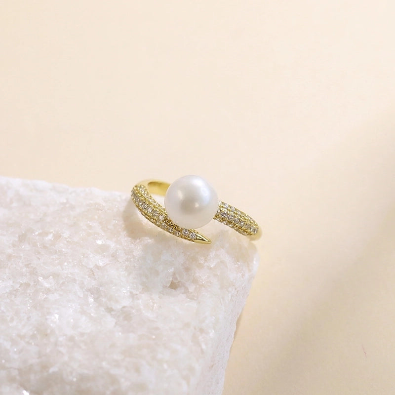 18K Gold Plated White Gold Plated 925 Sterling Silver Pearl Zircon Geometric Open Rings