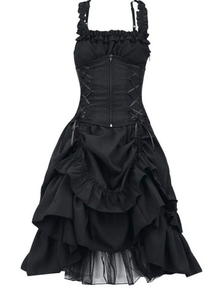 Corset Dress Gothic Lace-up Drawstring Pleated Irregular Spaghetti Strap Dresses