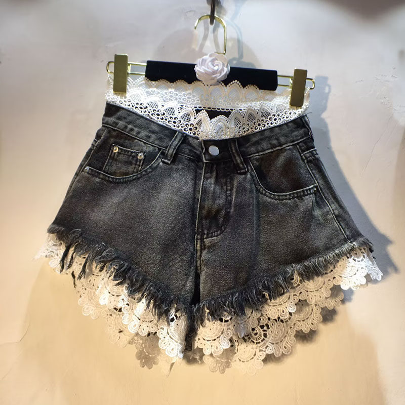 Crocheted Lace High-waisted Frayed Denim Shorts elevenforest