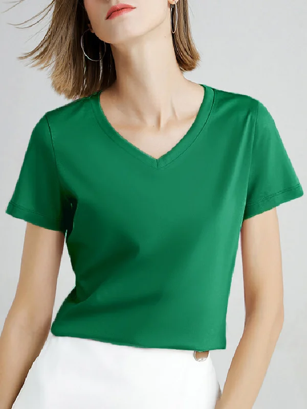 Simple Loose Short Sleeves Solid Color V-Neck T-Shirts Tops