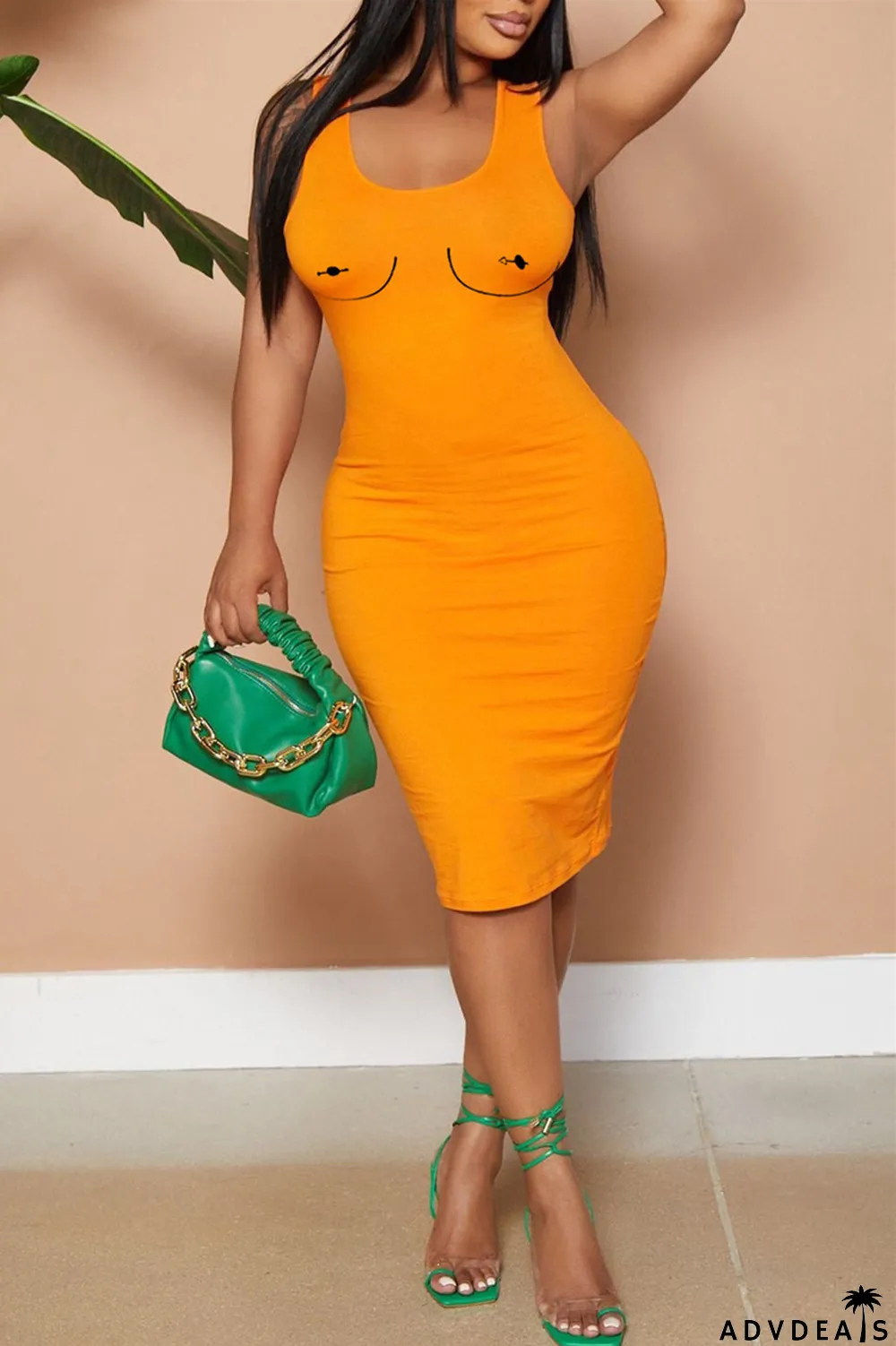 Red Fashion Casual Print Basic U Neck Vest Dress