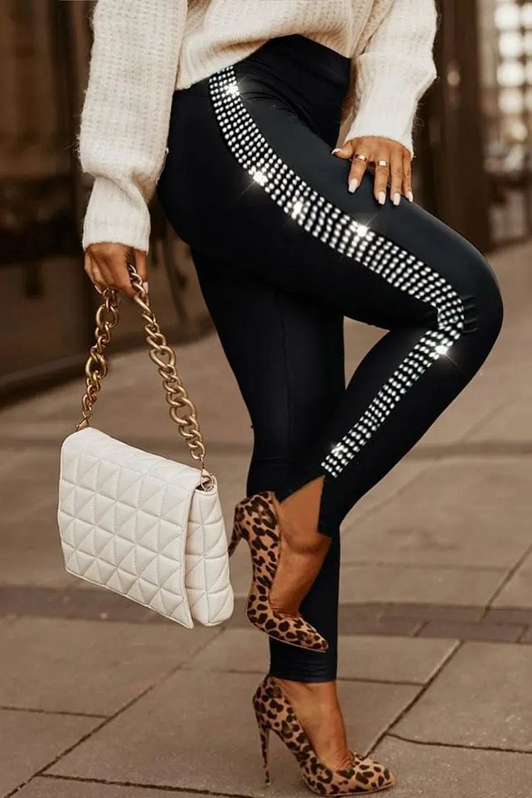 Xpluswear Plus Size Casual Black Shiny Split High Waist Leggings [Pre-Order]