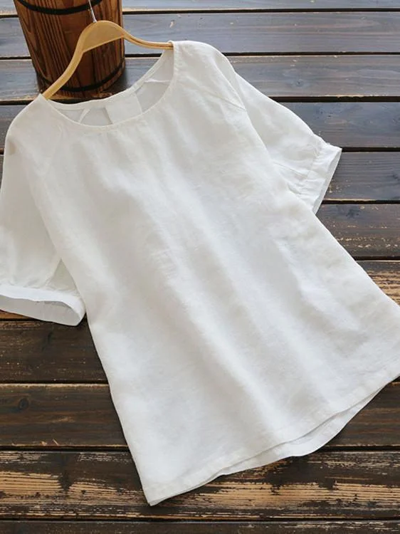 Plus size women's shirt T-shirt round neck solid color hedging short-sleeved retro linen cotton shirt