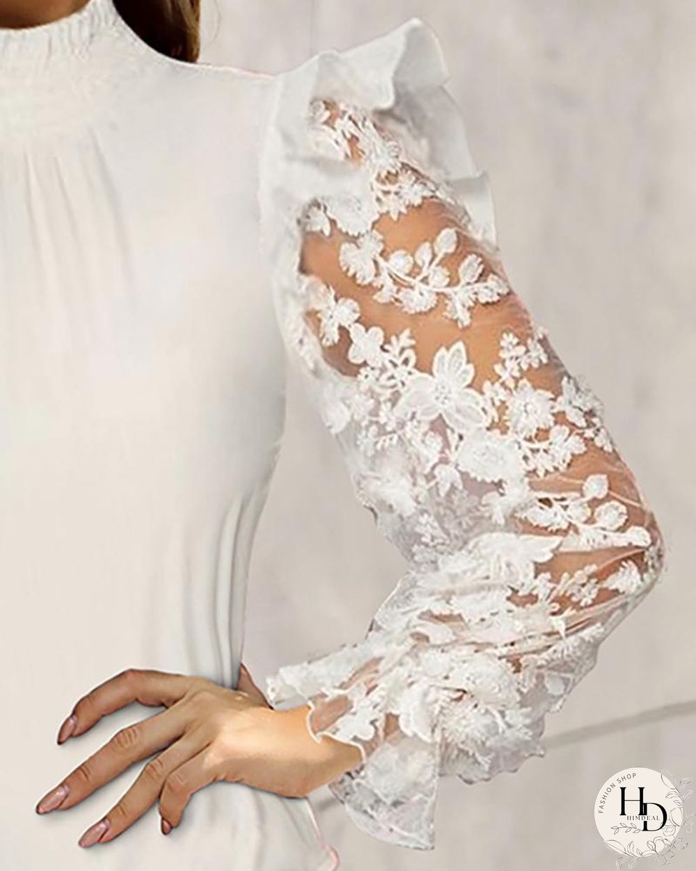 Mesh Lace Insert Ruffles Hem Blouse P13440