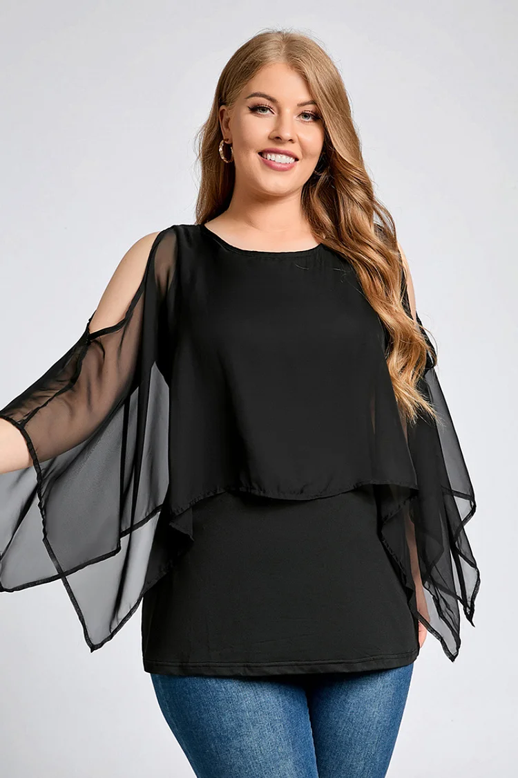 Flycurvy Plus Size Casual Black Cold Shoulder Half Cape Sleeve Round Neck Keyhole Back Casual Blouses  Flycurvy [product_label]