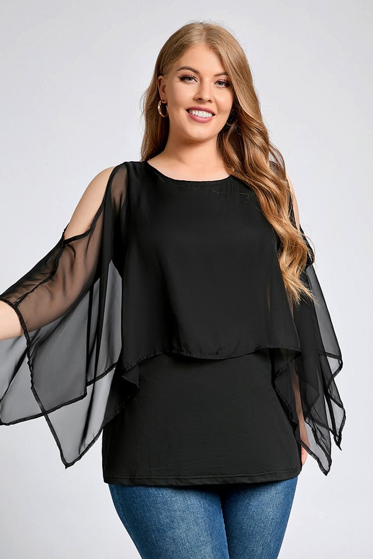 Flycurvy Plus Size Casual Black Cold Shoulder Half Cape Sleeve Round Neck Keyhole Back Casual Blouses  flycurvy [product_label]