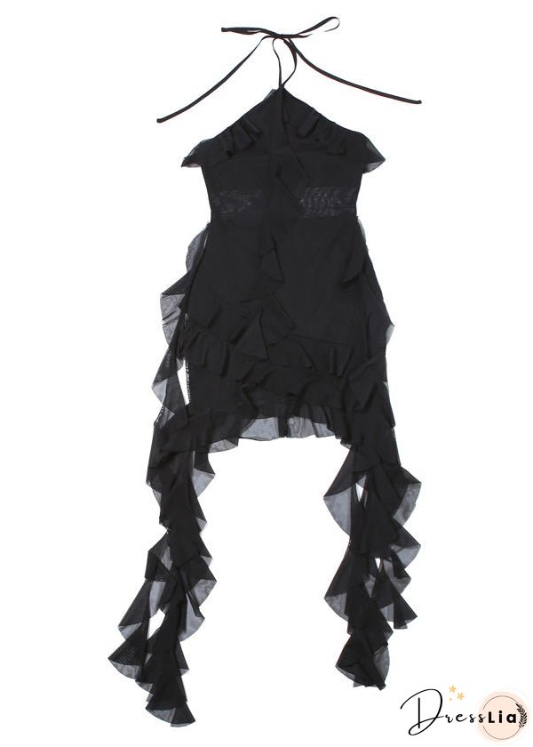 Sexy Black Ruffled Lace Up Tulle Mid Dress Sleeveless
