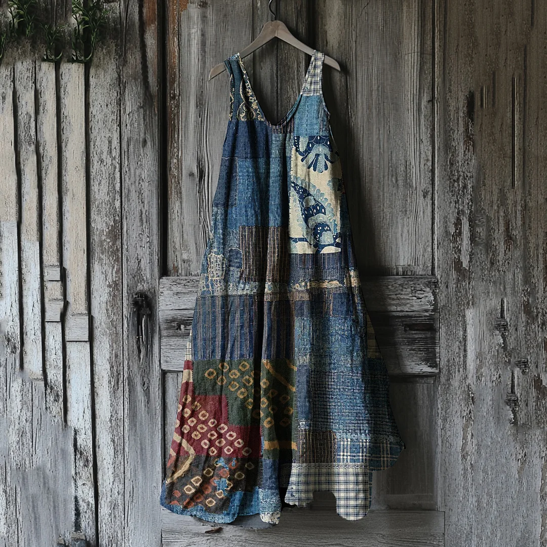 Women's Japanese Traditional Sashiko In Floral Patchwork Art Cotton And Linen Dress