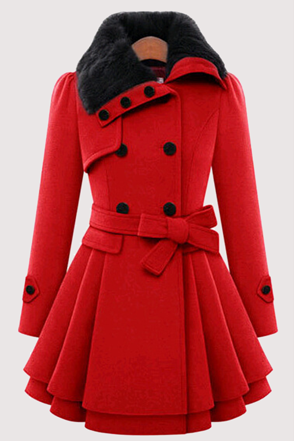 Red Fashion Elegant Buckle With Belt Turndown Collar Outerwear | EGEMISS