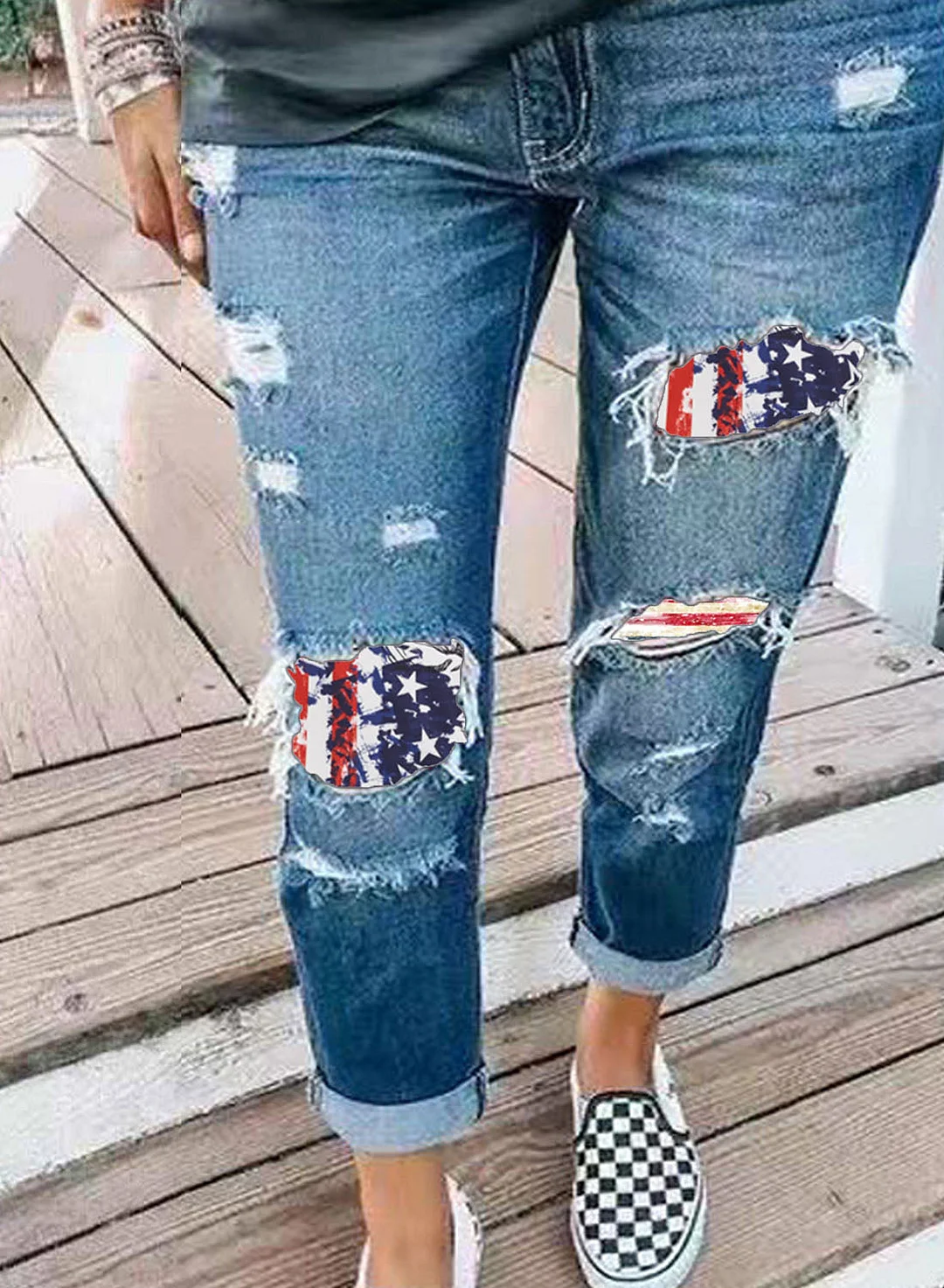 Buzzdaisy Women's Ripped Jeans Straight Striped Flag Star Cut-out Mid Waist Ankle-length Casual Daily Ripped Jeans