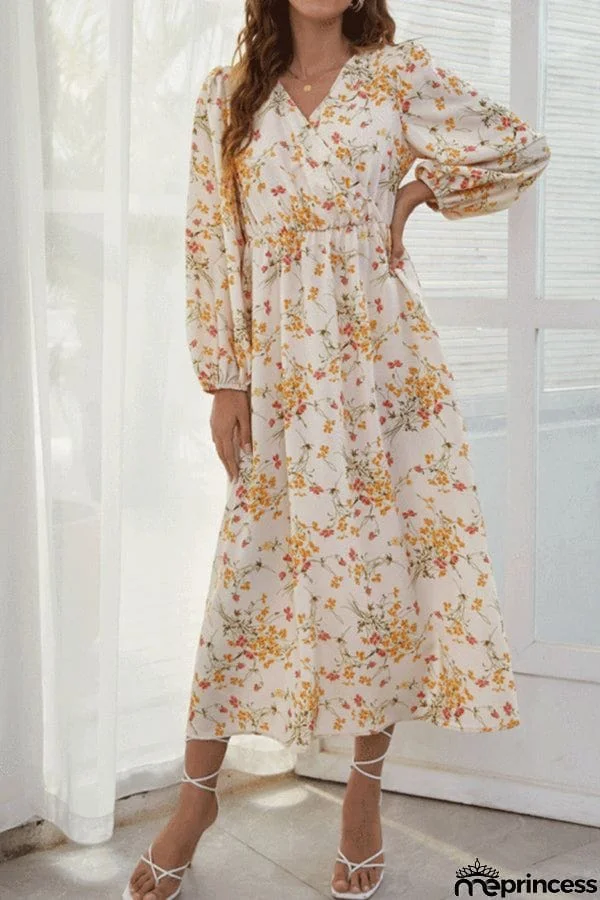 Elegant V-neck Printed Casual Resort Long Sleeve Midi Dress